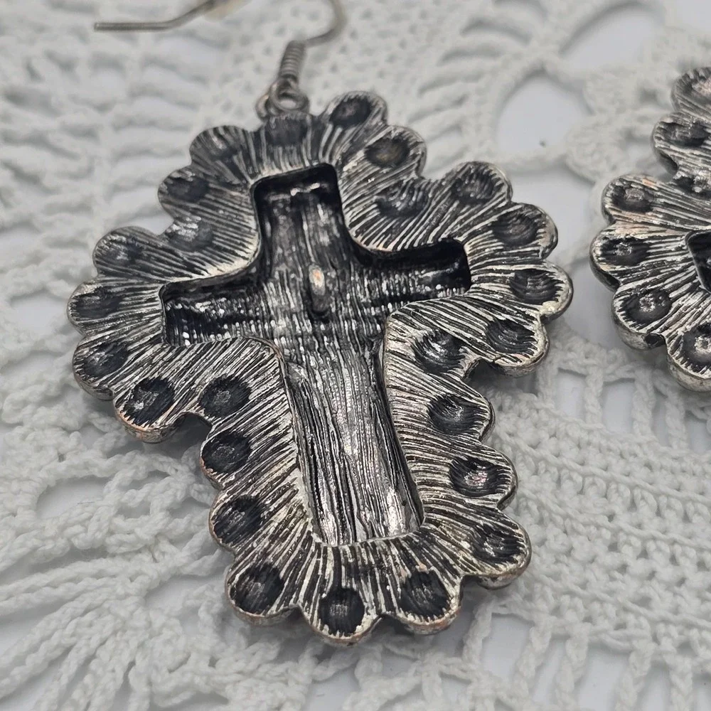 Blue Enamel Rose Floral Cross Earrings Rhinestones Silver tone Dangle 2